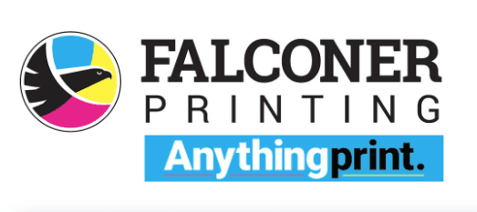 Falconer Printing logo: a falcon head inside a circle of printer's cyan, magenta, and yellow, with the slogan Anything print