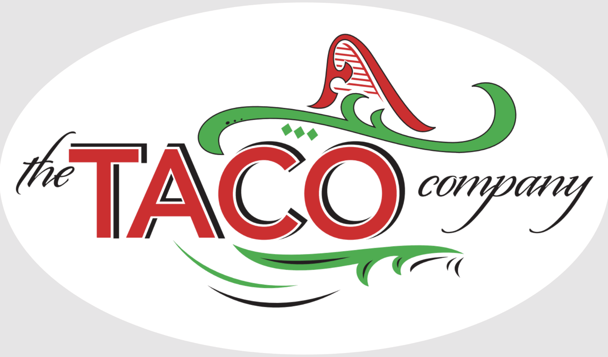 The Taco Company logo: red and black lettering under a sombrero drawn in red and green flourishes